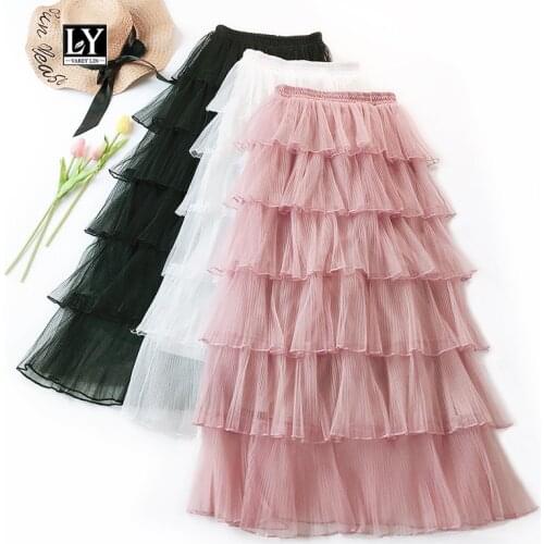 Ly Varey Lin Tulle Skirt Women Summer Sweet Cake Layered Long Mesh Skirt Slim High Waist Black Pink Female Mid-calf Skirts
