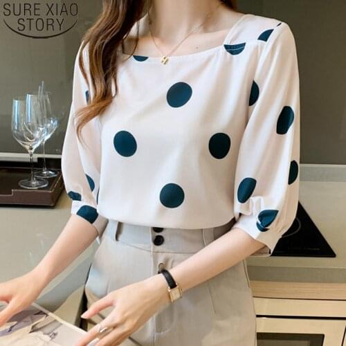 Summer 2021 Square Collar Office Lady Fashion Polka Dot Chiffon Blouse Women Shirts Thin Temperament Half Sleeve Blusas 15052