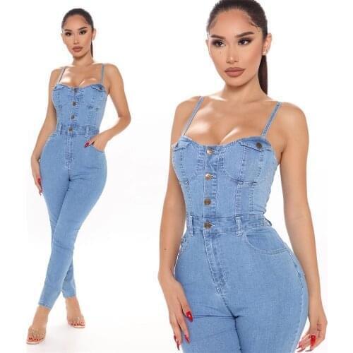 2021 European and American Leisure Nightclub Sexy Womens High Elastic Denim Jumpsuit Trousers Summer