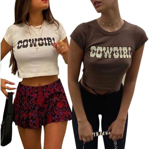 Women Crew Neck Short Sleeve Crop Tops COWGIRL Printed Slim Short Tees Summer Casual T-Shirts Girls Basic Streetwear S-L