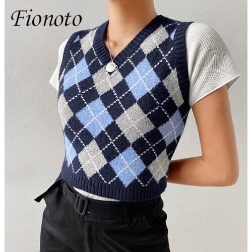 Fionoto V-Neck Vintage Sweater Vest Top women 2020 Y2K Black Sleeveless Plaid Knitted Crop Sweaters Casual Autumn Preppy Style