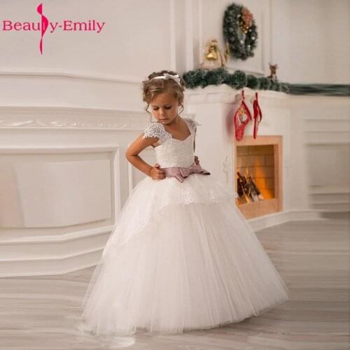2018 Hot White Flower Girls Dresses For Wedding Gowns Cap Sleeve Lace Sash Bow Girl Birthday Party Dress Zipper Tulle Page