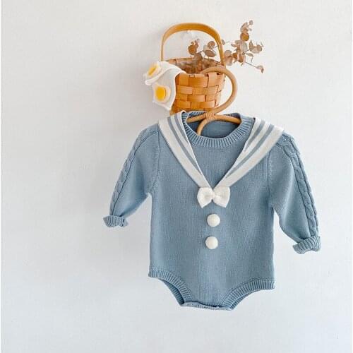 2021 INS Spring Autumn Clothes Girls Baby Romper Navy Collar Bow Knit Sweater One-piece Wrap Fart Triangle Rompers Long Sleeve