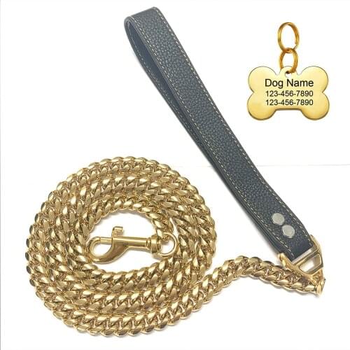 14MM High Quality Stainless Steel Leather Handle Dog Chain 18K Gold Plated Cuban Heavy Chain Lash 3Ft for Large And Medium Dogs