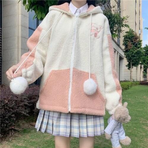 Deeptown Kawaii Hoodie Women Winter 2020 Embroidery Zip Up Hoodies Women Long Sleeve Cute Plus Velvet Splice Sweatshirt Women