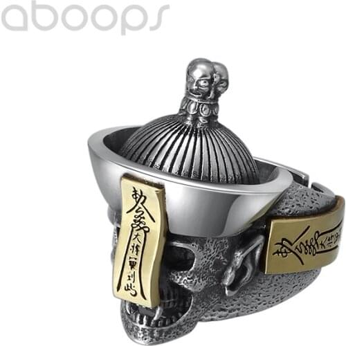 Two Tone 925 Sterling Silver Chinese Zombie Ring for Men Boys,Adjustable Size 9-11.5,Free Shipping