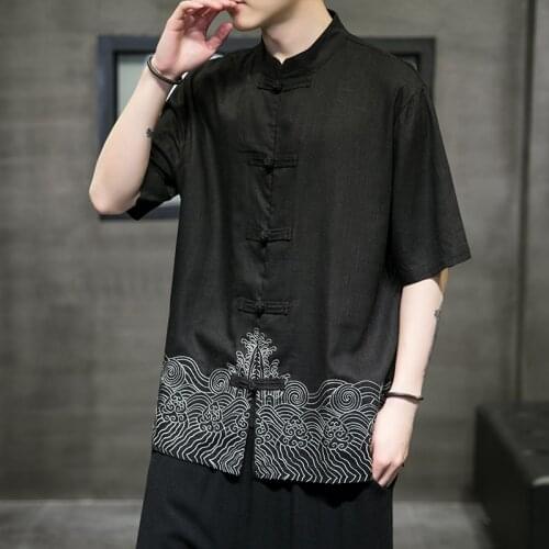 Chinese Style Linens Short Sleeve Shirt Summer Retro Embroidery Plus Size Tops Men Clothing Traditional Dress Casual Hanfu Male