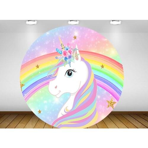 Circle background unicorn rainbow round Backdrop bay shower kids birthday Party event decor table cover gold stars flower YY484