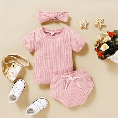 Summer Newborn Infant Baby Girls Clothes Solid Colors Short Sleeve T-Shirt Tops Shorts Three Piece Headbands Outfits Set#p4