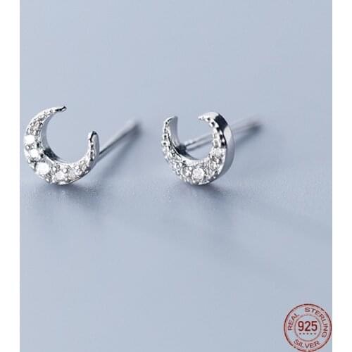 LKO 925 Sterling Silver Simple Moon Crescent Stud Earrings For Women Zircon Crystal Vintage Student Jewelry Gift Accessories