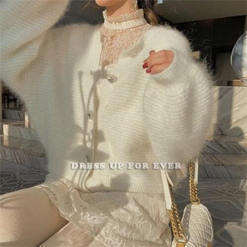 Korean Fashion Knitted Cardigan Thin Sweater Coat Long Sleeve O-Neck Button Outfit Women Soft Fur Cute Solid Crop Top Mohair