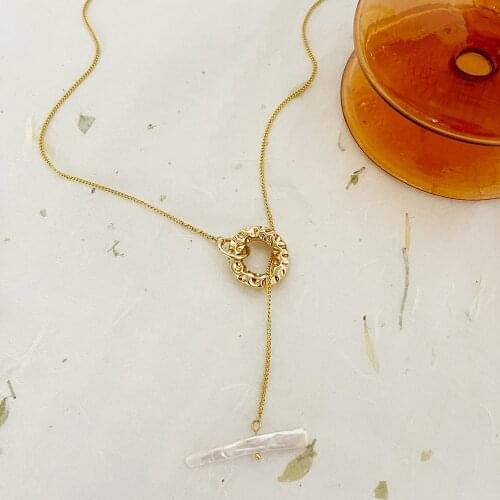 Monlansher Gold Color OT Clasp Long Thin Chain Necklace Natural Freshwater Pearl Pendant Necklace Vintage Adjustable Necklaces