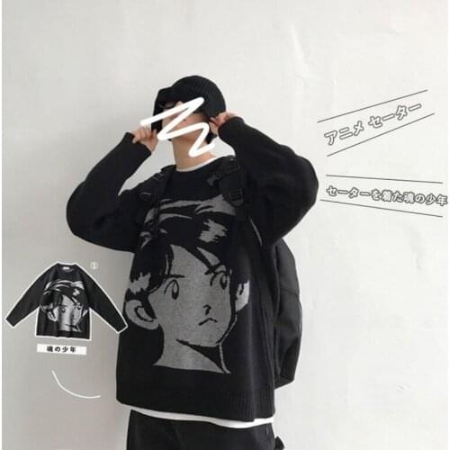 Mens Hip Hop Streetwear Harajuku Sweater Vintage Retro Japanese Style Anime Girl Knitted Sweater 2021 Autumn Cotton Pullover