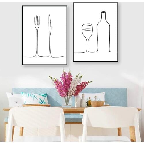 Fork Wall Art Canvas Painting For Kitchen Home Decor Modular Pictures Nordic Style Printed Poster Line Coffee Red Wine Knife And