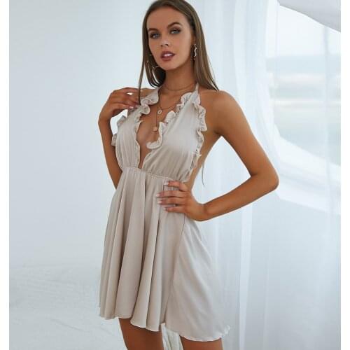 2021 New Ruffle Halter Dress Women Sexy Backless Summer Mini Gowns A Line Sleeveless Loose Party Dresses Women Evening Short