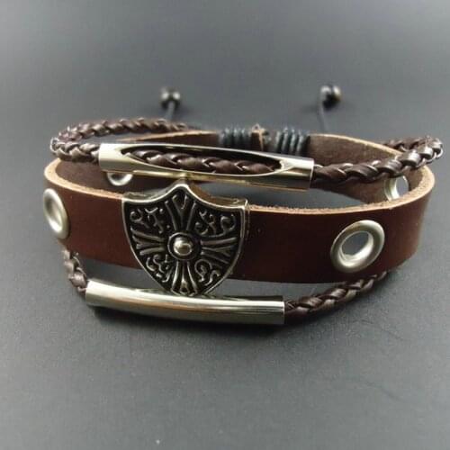 2014 New arrival trendy Vintage Shield charm Men Wrap Cuff Genuine Leather Bracelets & Bangles Jewelry for women