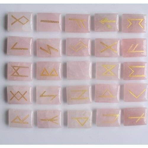 Wholesale 25pcs/lot Natural Stone pink Viking Runes Amulet Set Reiki Healing Crystals Divination Tumbled rectangle Stones free