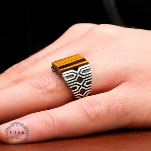 Original 925 Silver Mens Ring With Tigereye Stone. Mens Jewelry Stamped With Silver Stamp 925 All Sizes Are Available