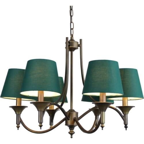 Nordic 6 Heads Retro Hanging Light Vintage Dark Green Fabric Lampshade Chandelier Lighting Restaurant Living Room Bedroom PL561