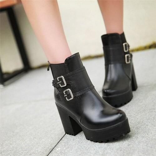PXELENA Retro Punk Rock Gothic Ankle Boots Women Shoes Buckle Platform Square Chunky Block High Heels Boots Female 34-43