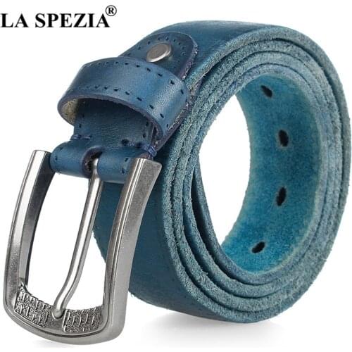 LA SPEZIA Blue Men Casual High Quality Belt for Jeans Vintage Real Leather Cowskin Belt Men Casual Trouser Belt 120cm 125cm