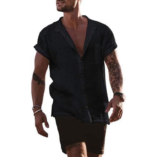 Fashion solid color cotton linen shirt mens loose short-sleeved stand-up collar linen large size shirt mens shirt shirt