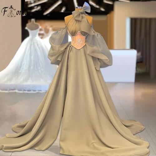 Grey Prom Dresses Long Puffy Sleeve Off the Shoulder Evening Dress 2021 Tulle A Line Formal Evening Party Gowns Plus Size