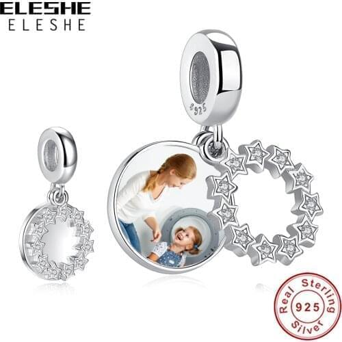 ELESHE 100% 925 Sterling Silver Star Round charm Personalized Photo Dangel Bead Fit Original Bracelet DIY Jewelry Women Gift