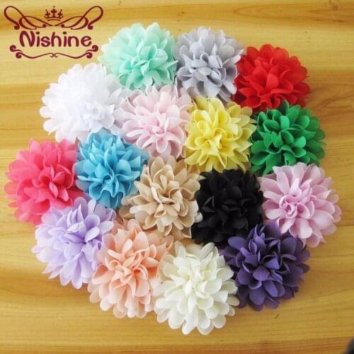 Nishine 50pcs/lot 4" 16colors Chiffon Flowers Flatback For Kids Headband Hair Accessories Fluffy Fabric Flowers For Hair Clips