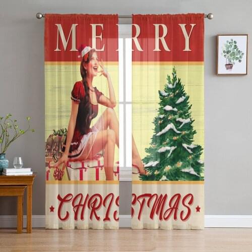Retro Girl Happy Christmas Chiffon Tulle Curtains for Living Room Kitchen Bedroom Sheer Voile Yarn Window Treatment