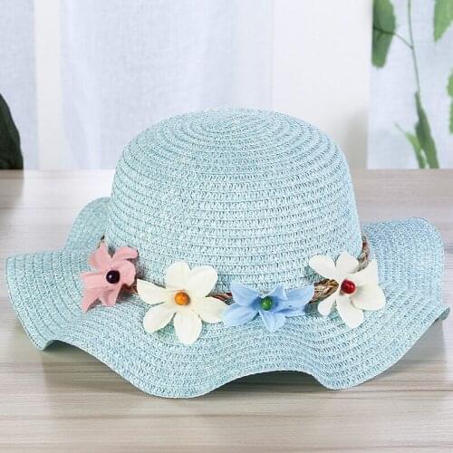 Childrens Summer Raffia Knit Straw Hat Girl Wide Wave Brim Casual Beach Sun Hat Sunscreen UV Protection Panama Flower Cap V7