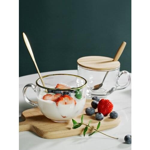 Thicken Tempered Glass Breakfast Cup With Lid Spoon Soy Milk Coffee Oatmeal Fruit Salad Snack Dessert Mugs Transparent Healthy