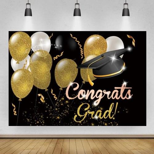 Congratulations 2021 Graduation Party Decor Poster Gold Balloon Ribbons Black Photography Backdrop Vinyl Background