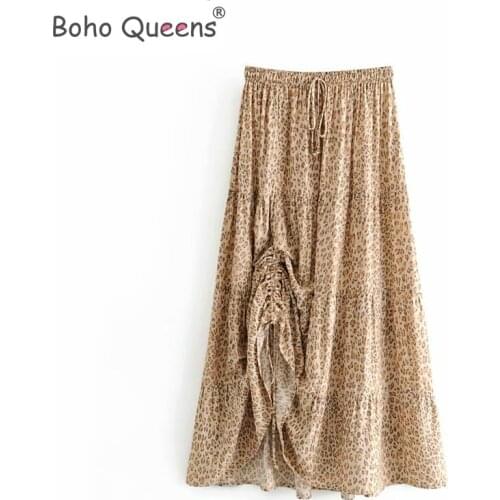 Boho Queens Hippie women beach Bohemian leopard print Fold design skirt High Elastic rayon A-Line Maxi Skirt Femme
