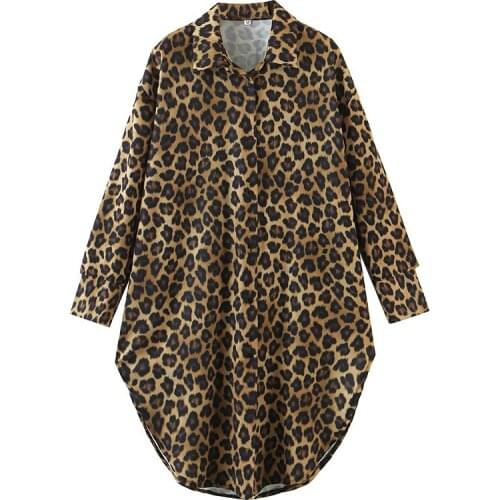 New Products Ladies Leopard Print Shirt Long Sleeve Lapel Collar Mid-length Blouse Casual Street Top