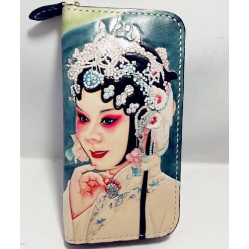 Handmade Ladies 'Female Role in Chinese Opera 'Wallets Purses Women Clutch Vegetable Tanned Leather Wallet Card Holder