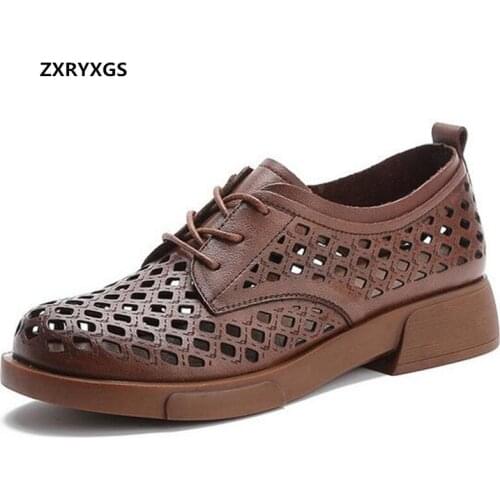 2021 New High-quality Soft Cowhide Hollow Hole Shoes Retro Lace-up Summer Womens Sandals Breathable Leather Sandals Women Shoes