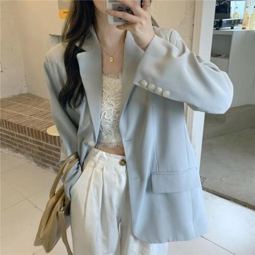 Vintage Elegant Blue Blazer Women Jacket Fashion V-neck Long Sleeve Buttons Loose Jacket Korean Solid Single-breasted Suits Coat