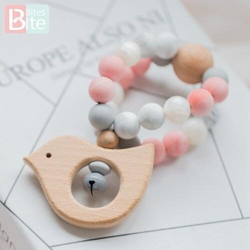 Bite Bites 1PC Baby Silicone Beads Wooden Intelligence Grasping Hand Bell For Rattle Educational Toddler Toys Children Products