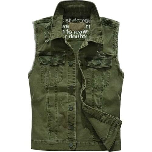 Army Green Vest Men Ripped Vest Sleeveless Jacket with Tassel Casual Slimming Denim Jeans Vest Korean Style Cotton Waistcoat