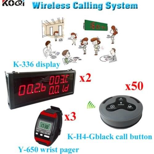 Wireless Call Bell System Cafe Kitchen Equipment Staff Pagers Table Buzzer (2 display 3 wrist watch 50 call button)