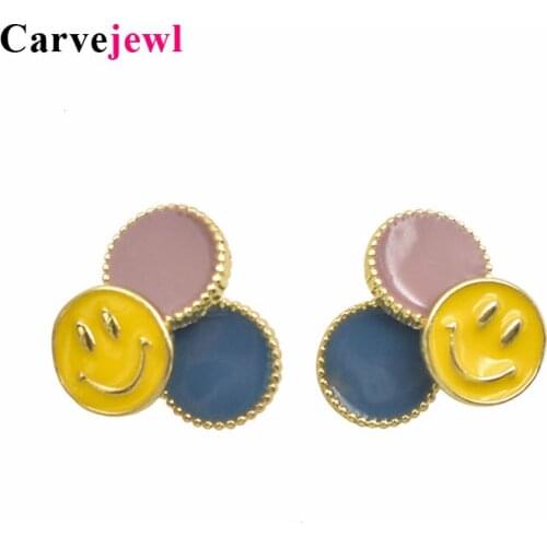 Carvejewl Korea design yellow Enamel Smile Face stud Earrings for girl student earrings Jewelry 3 round colorful kids earrings