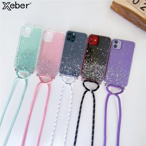Sparkle Glitter Stars Sequins Phone Case For iPhone 11 12 Pro XS Max XR X 6 8 7 Plus SE 5 Mini Necklace Lanyard Soft Clear Cover