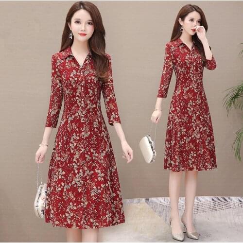Floral Print Dresses Lady Turn-Down Collar Elegant Dress 3/4 Sleeve /Short sleeve Slim Female Boho Elegant Maxi Party Vestidos
