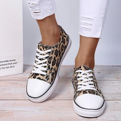 SUNNYS New Leopard Print Flat Canvas Shoes Harajuku Sneakers Fashion Casual Lace-up All-match Shoes Women Classic Streetwear