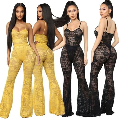 2pcs Full Lace Sexy Women Spaghetti Strap Bodysuit+ High Waist Elastic Flare Pants Set