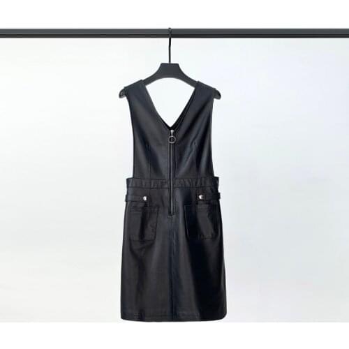 2021 Spring New Leather Dress Sheep Skin Sleeveless Leather Skirt Is Thinner Suspender Skirt Zipper A-line Skirt Tide