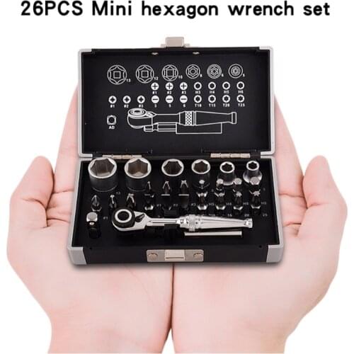 26pcs Mini Ratchet Wrench Socket Bits 1/4'' Drive Spanner Kit Tools for bicycle A2UD