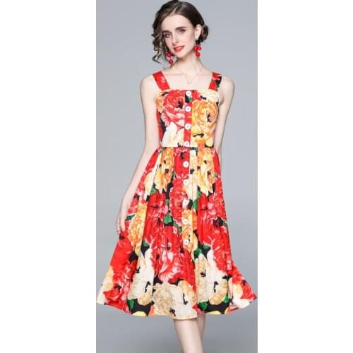 JSXDHK Runway Fashion Summer Holiday Midi Dress Elegant Women Spaghetti Strap Flower Print Buttons Backless Sexy A Line Dresses