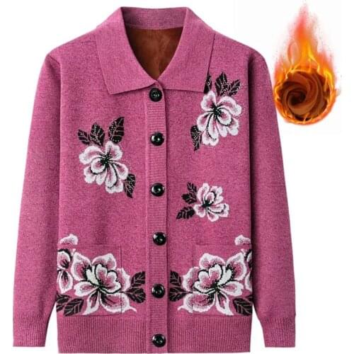 Fashion embroidery Womens Knitting Cardigan Middle old aged Winter Thick Warm Sweater Coat Ladies Casual Plus size Jacket